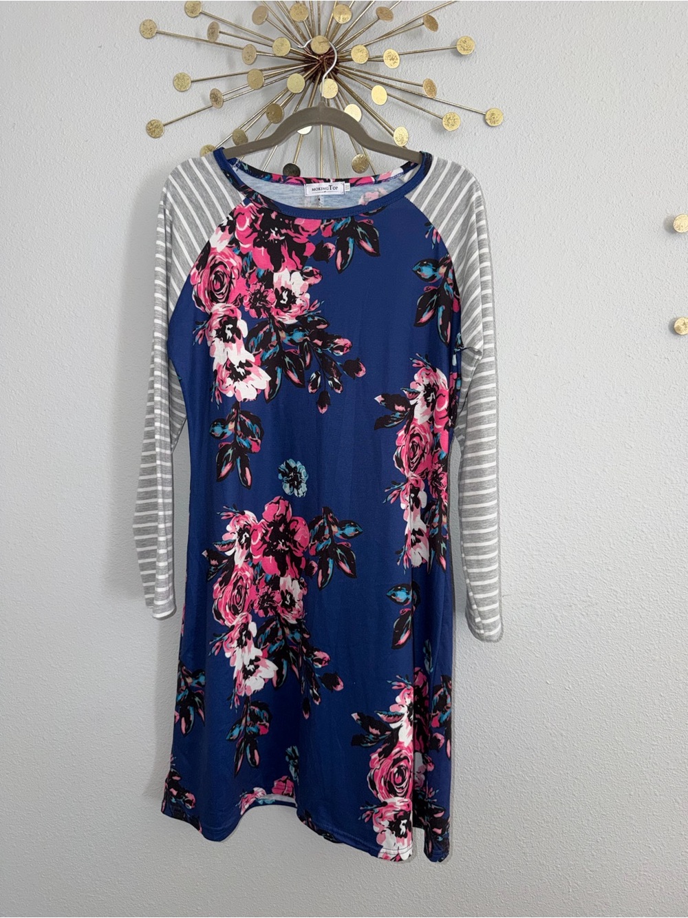 Blue Floral Dress with Grey Stripe Sleeves
